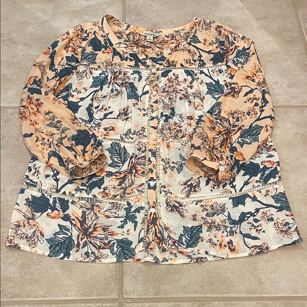 Lucky Brand Floral Button-Front Sheer Long Sleeve Blouse
